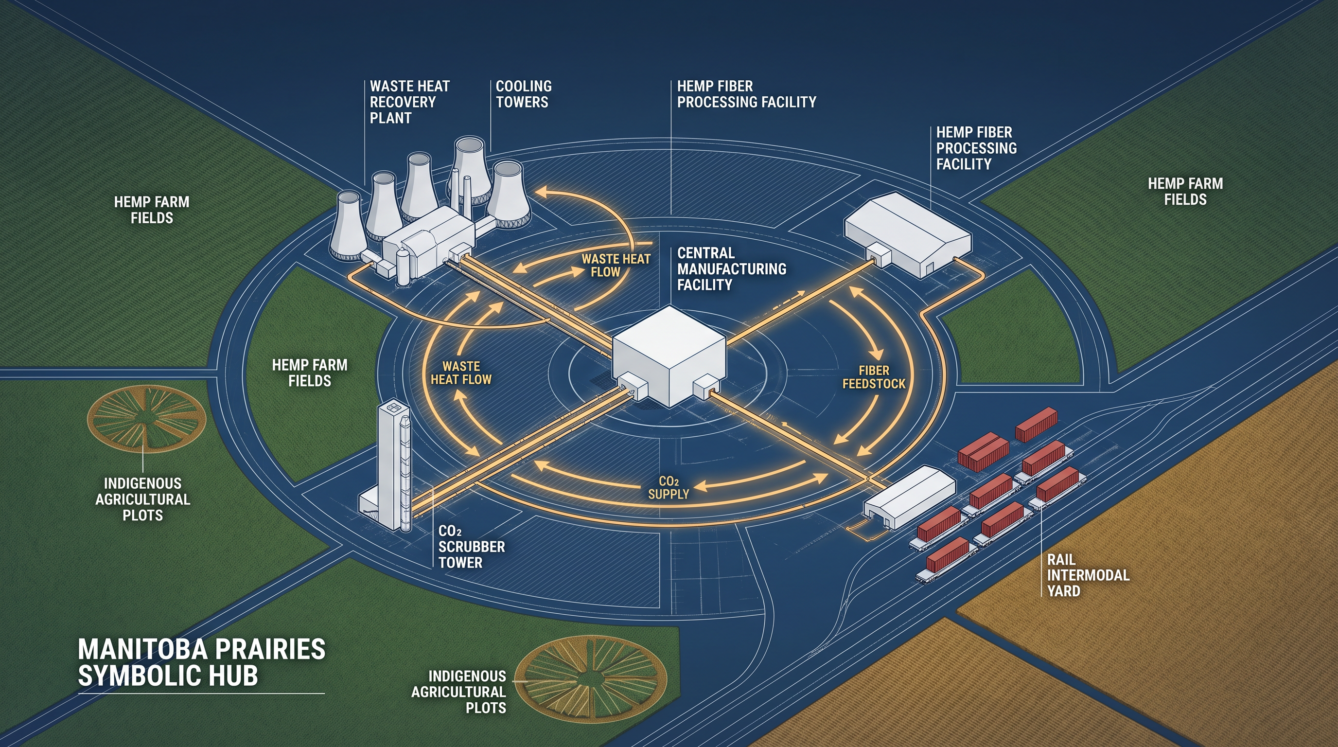 Symbiotic Hub — Industrial Parasite Model showing circular material and energy flows